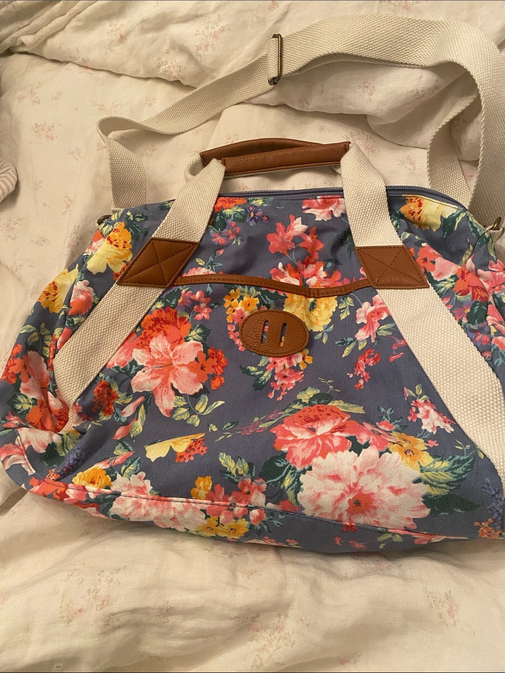 Madden Girl Floral Canvas Weekender Bag in Blue with Beige Straps